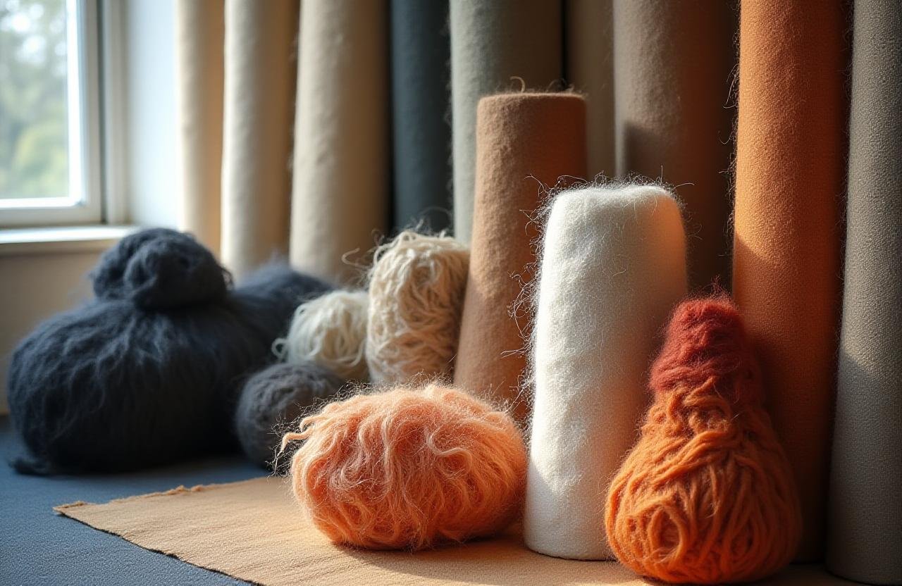 Artistic arrangement of sustainable textile rolls and recycled fibers
